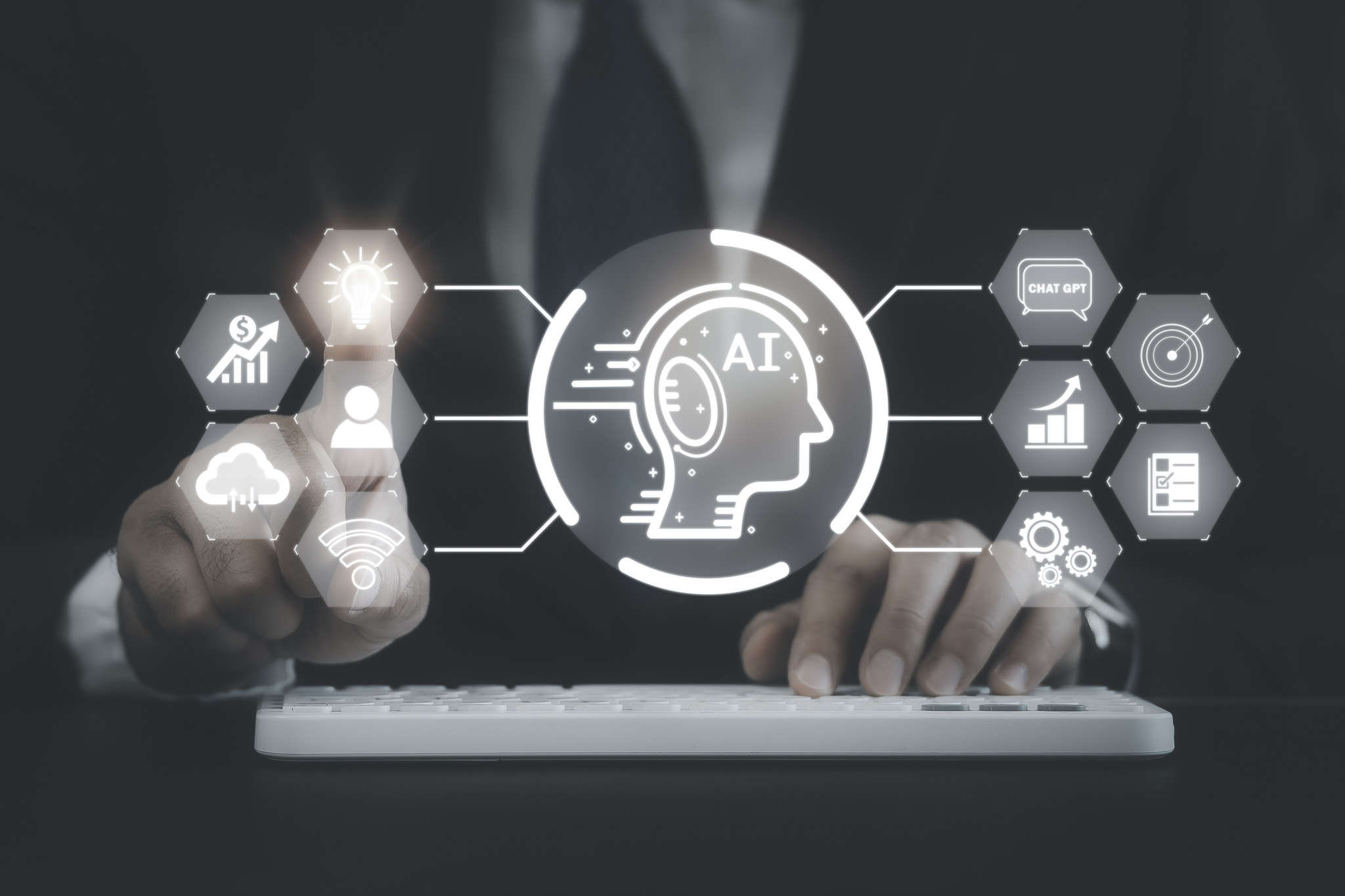 Business man point finger touch virtual screen with digital chatbot, chat GPT and use laptop keyboard, robot application, conversation assistant, AI Artificial Intelligence concept, digital chatbot.